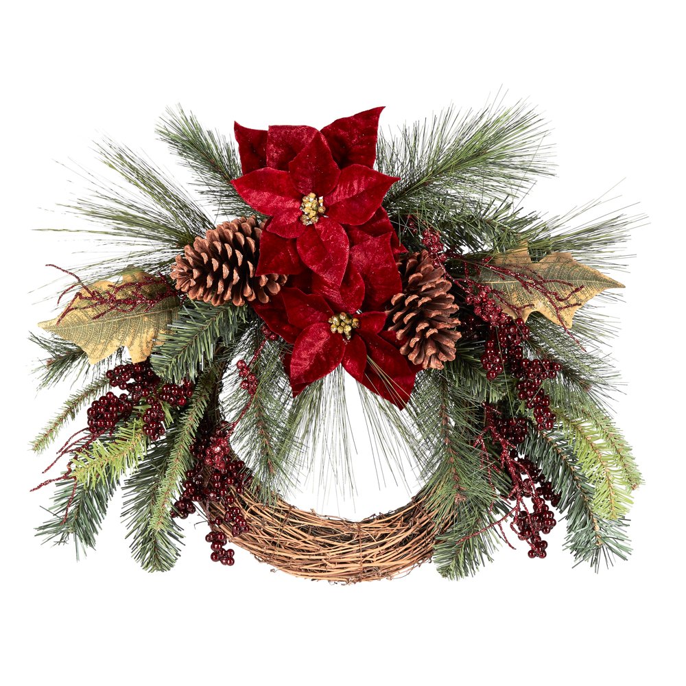Holiday Time Burgundy Poinsettia and Mixed Berry Christmas Wreath, 22