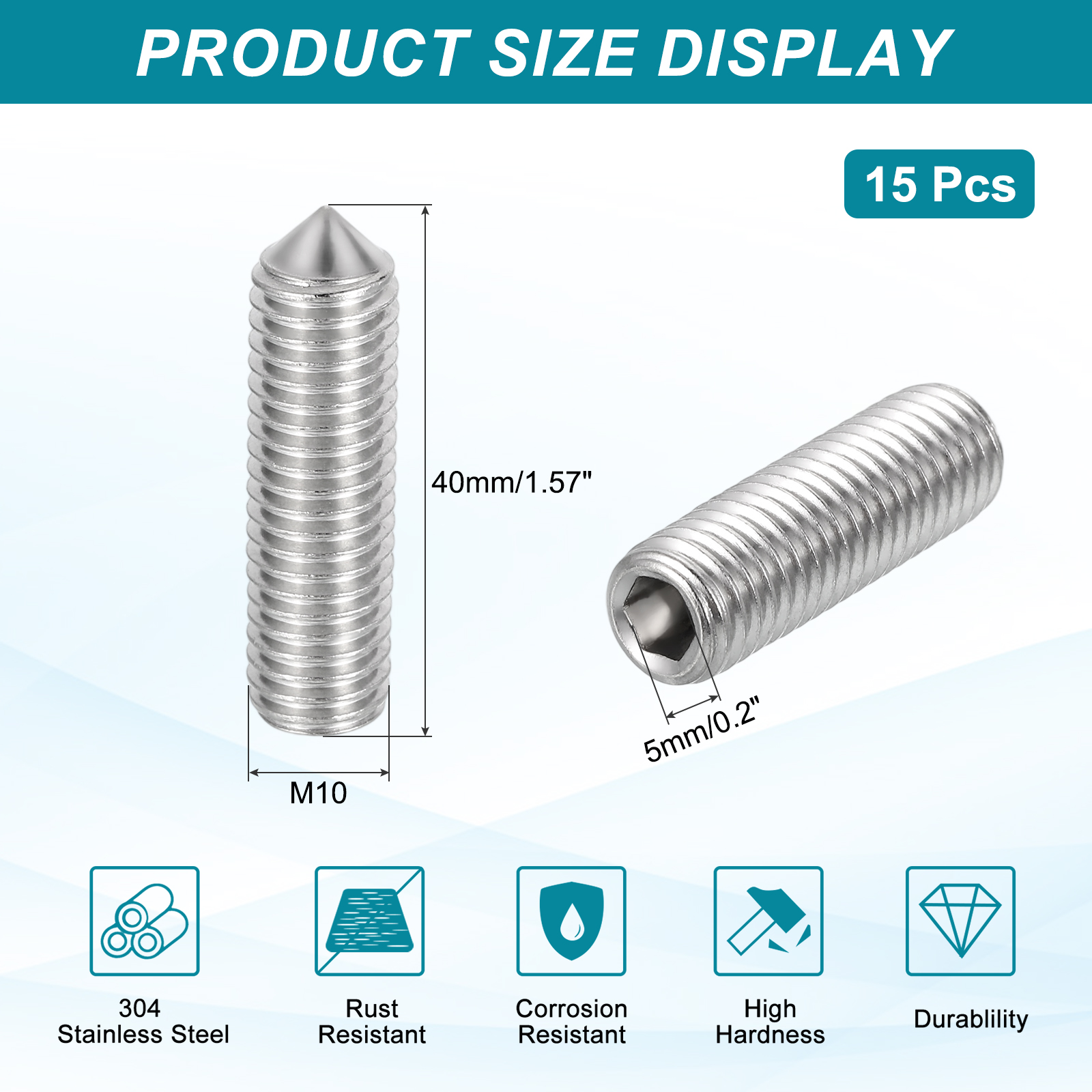 15 Pcs M10x40mm Set Screws, 304 Stainless Steel Cone Point Hex Socket Grub Screw