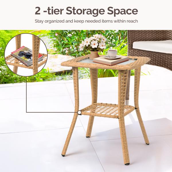 Outdoor Wicker Side Table, 2-Tier Design with Water Ripple Tempered Glass Top, Indoor/Outdoor Use for Garden, Porch, Balcony, Living Room