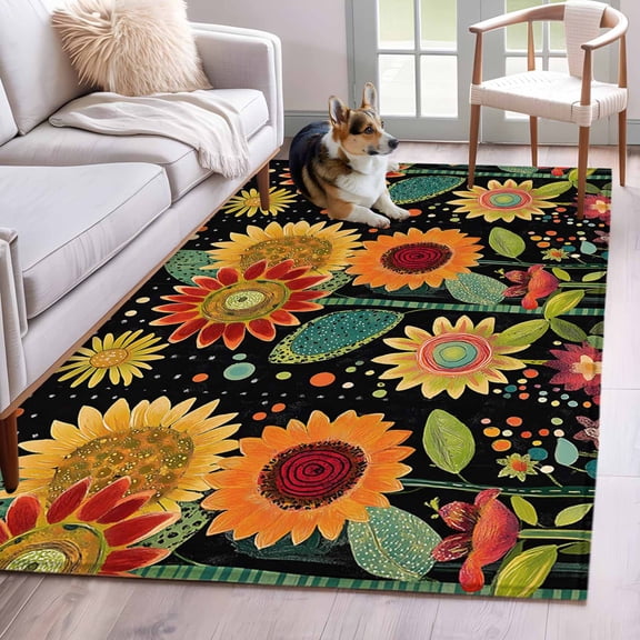 3'x5' Area Rugs, Vintage Sunflower Indoor Outdoor Area Rug for Living Room Bedroom, Black Boho Ethnic Summer Botanical Washable Bathroom Rugs Kitchen Floor Carpet Mats Home Decor Aesthetic