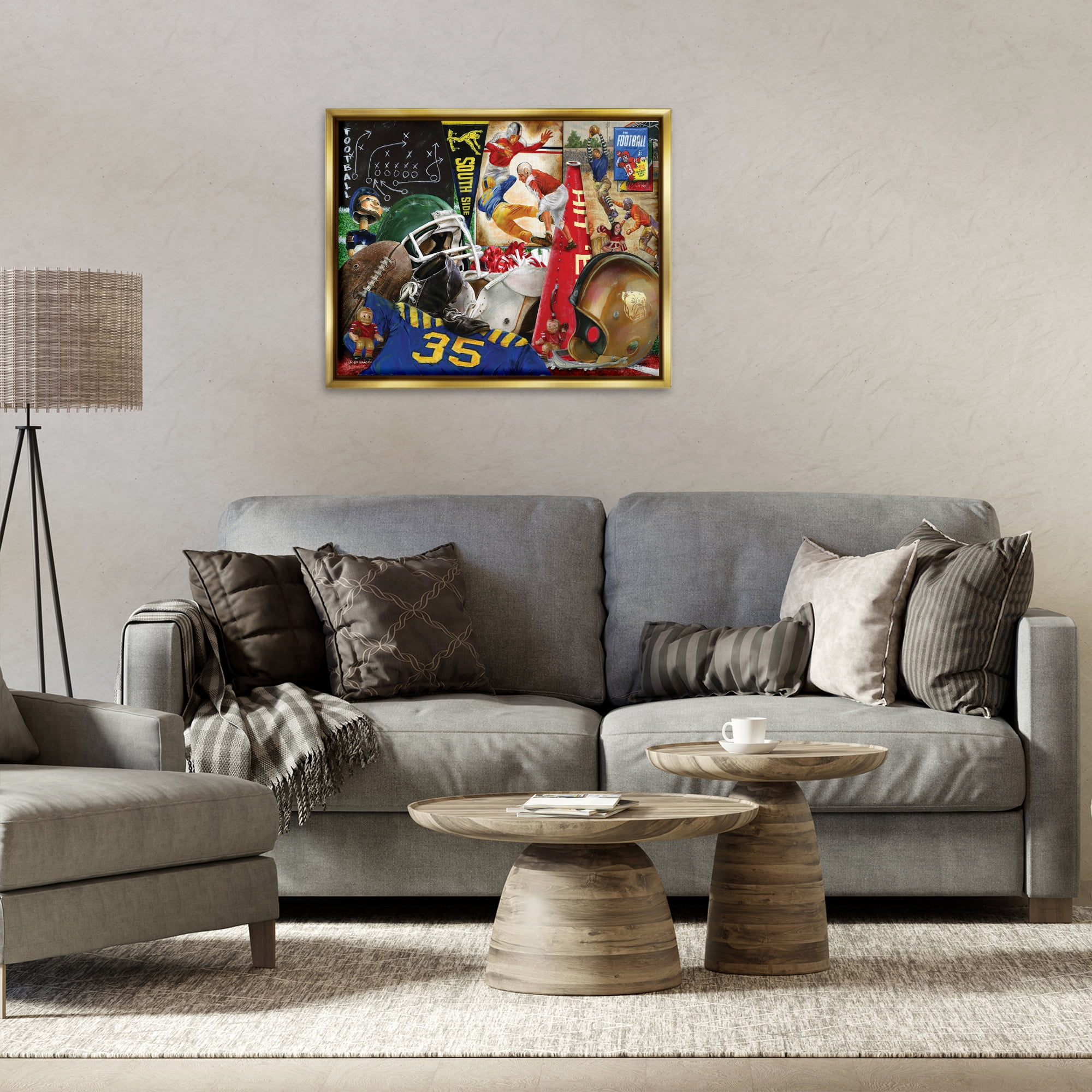 Stupell Industries Football Sports Collage Sports Painting Gold Floater Framed Art Print Wall Art, 31 x 25