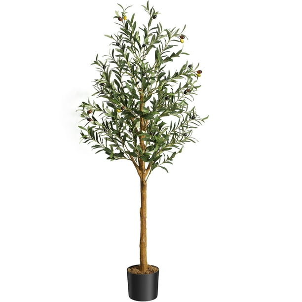 QinaQin Árbol de olivo artificial alto de 4/5/6 pies, planta de seda en maceta con tronco de madera y frutos realistas para decoración interior del hogar u oficina