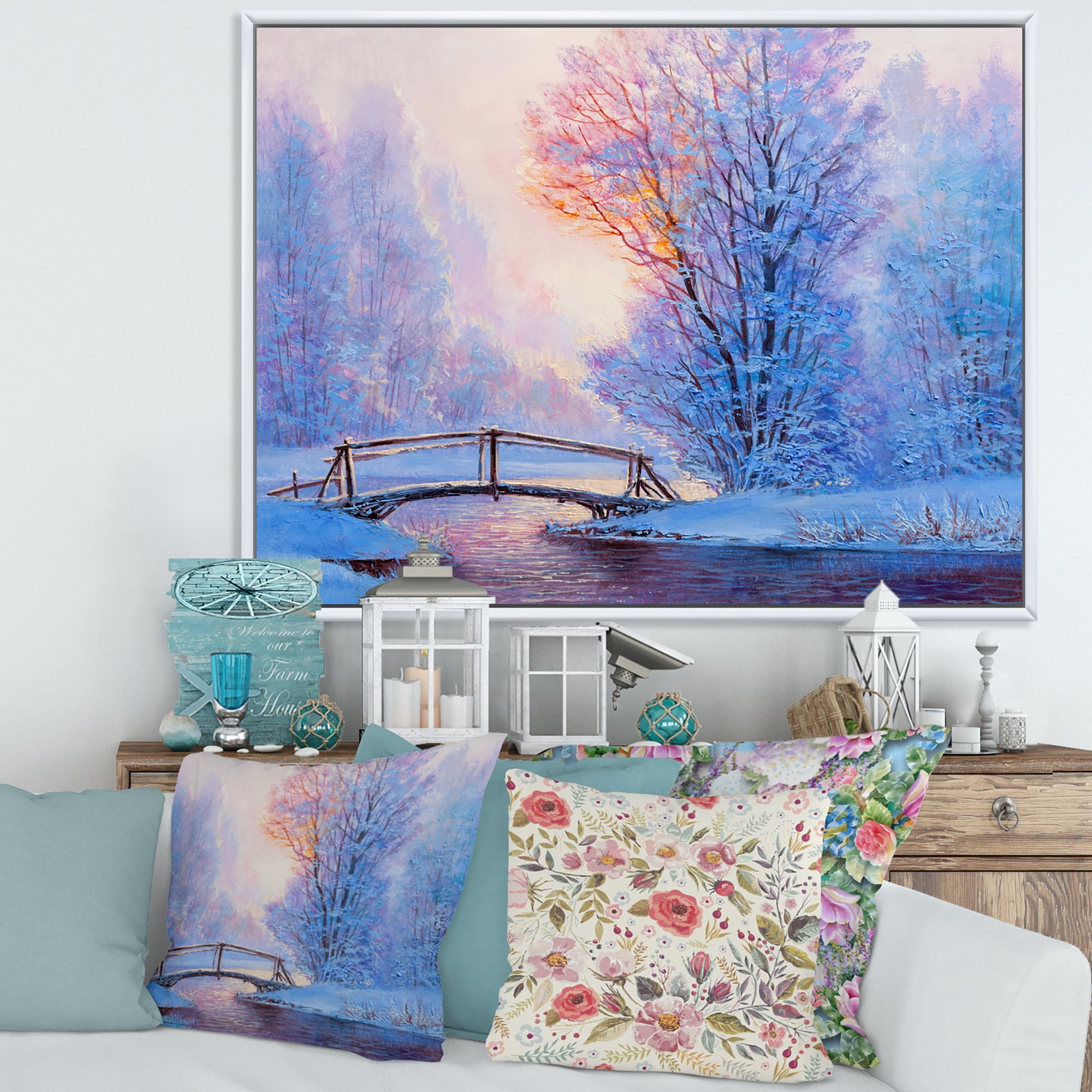 Winter Landscape With A Bridge and A River 20 in x 12 in Framed Painting Canvas Art Print, by Designart