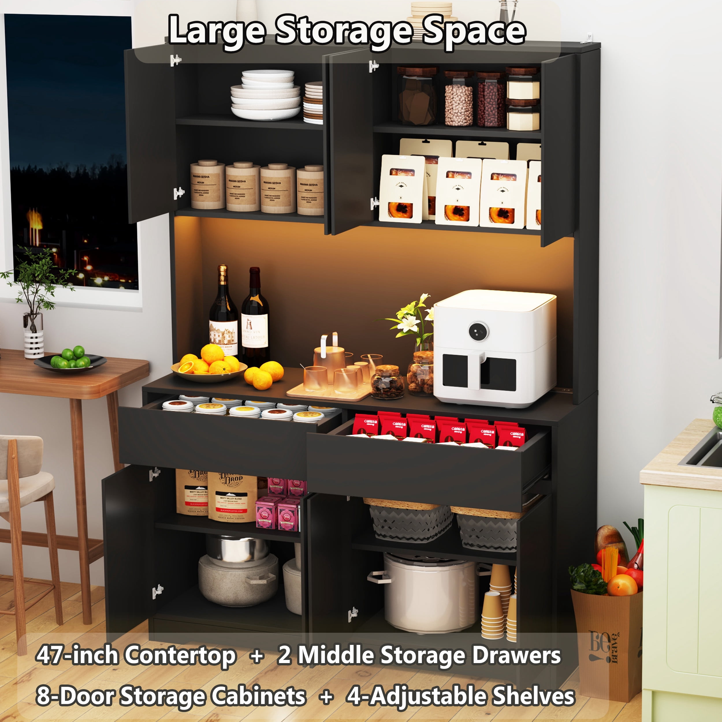 71'' Tall Coffee Bar Cabinet with LED Light & Power Charging Station, 47"W Modern Kitchen Pantry Hutch w/ 8-Door Storage Cabinet & 2 Drawers 4 Adjustable Shelves