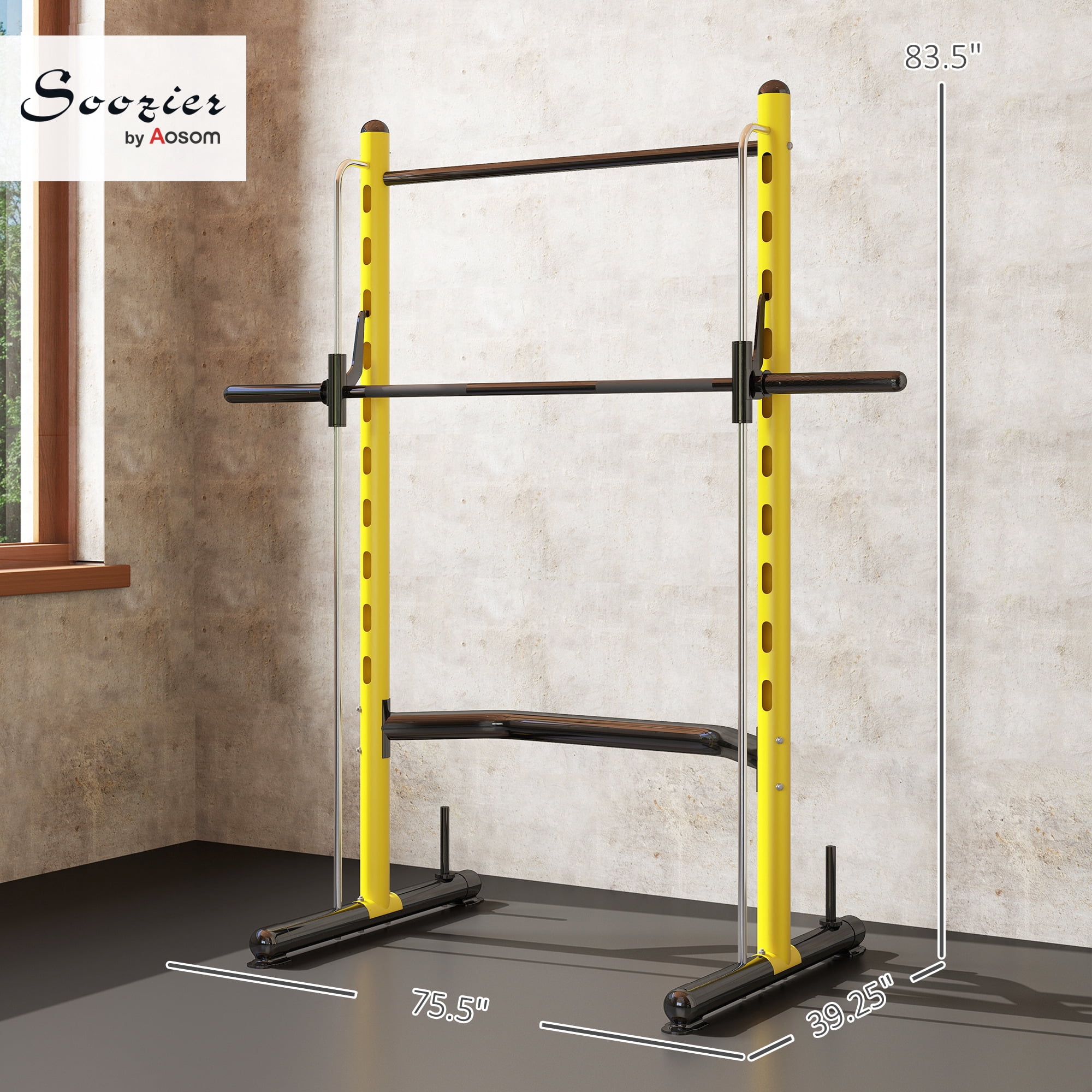 Soozier Adjustable Squat Rack with Pull Up Bar and Barbell Bar, Multi-Function Bench Press Weight Lifting Equipment, Yellow