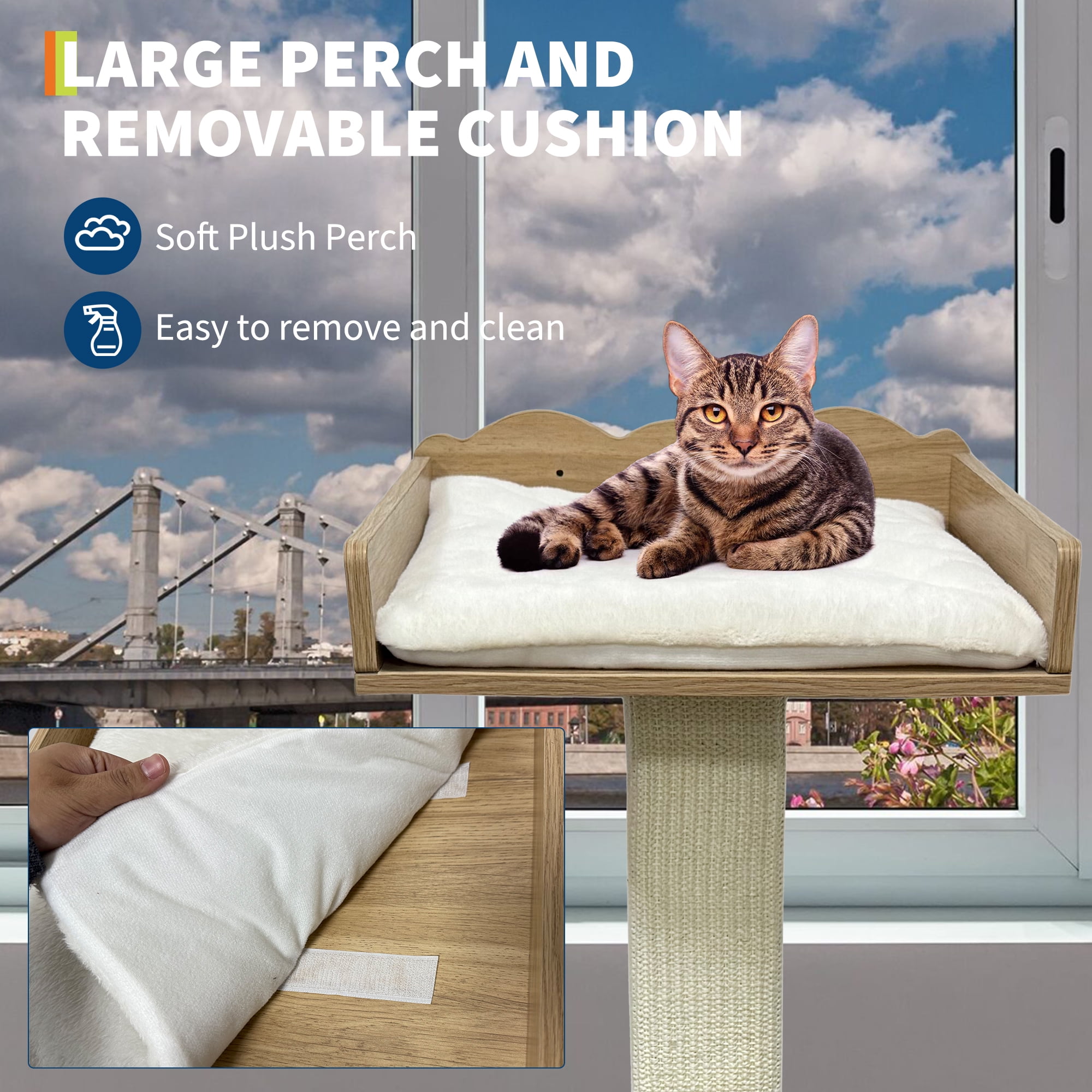 Amkui 40" Tall Cat Window Perch with Scratching Posts & 2 Platforms,Cat Kitten Sisal Climbing Tree with Suction Cups,Window Cats Bed with Removable Cushion