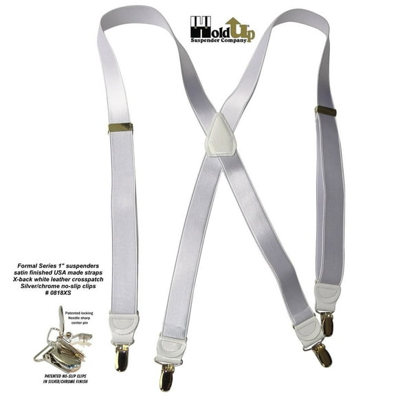 hold-ups x-back 1" w. suspenders satin finish white, pat. no-slip silver clips