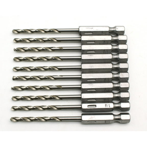 TMAX 10 pc 1/8 inch M35 Cobalt Jobber Drill Bits for Stainless Steel & Hard Metals, with 1/4 Inch Hex Shank for Quick Chucks,3-1/4" total length,2" working length