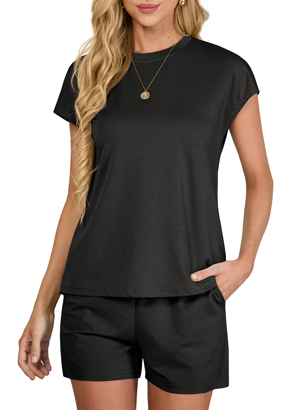 JWD Outfit Sets for Women 2 Piece Sets Casual Short Sleeve Pullover Tops and Elastic Waist Knitted Shorts Black L
