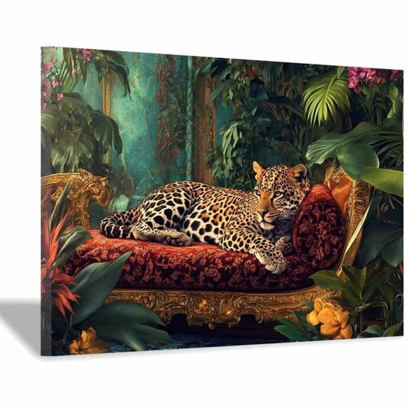 Mudket Framed Leopard on Red Velvet Chaise Canvas Wall Art, Jungle Leopard Print Living Room Decor, Trendy Animal Wall Art Ready to Hang - 12"L x 8"W