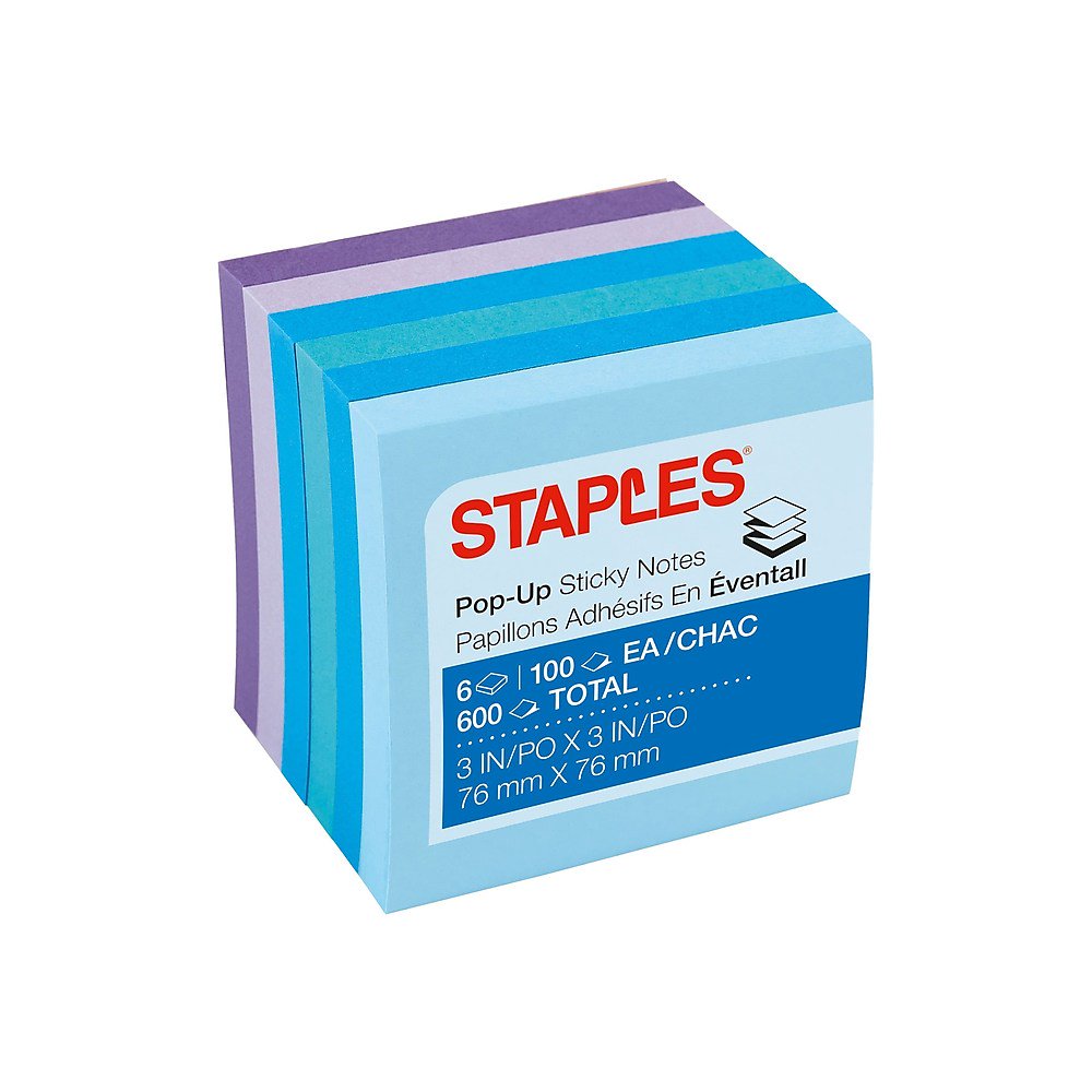 Staples Stickies PopUp Notes Assorted Watercolors 3" x 3" 6 Pads/PK