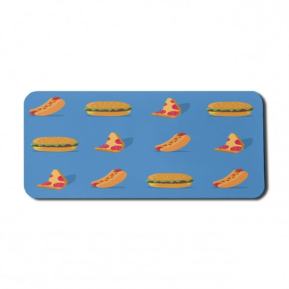 Food Computer Mouse Pad, Hamburger Hot Dog and Pizza Slice Pattern on Blue Cartoonish Food Illustration, Rectangle Non-Slip Rubber Mousepad X-Large, 35" x 15" Gaming Size, Multicolor, by Ambesonne