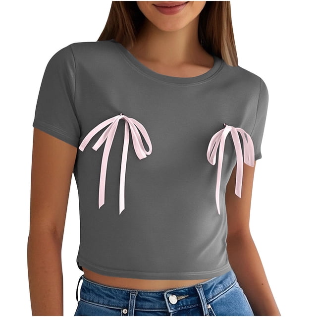 Yuyuzo Hauts de Sortie pour Femmes Nœud Papillon Manches Courtes Crop Top Col Rond T-Shirts Été T-Shirts Basiques