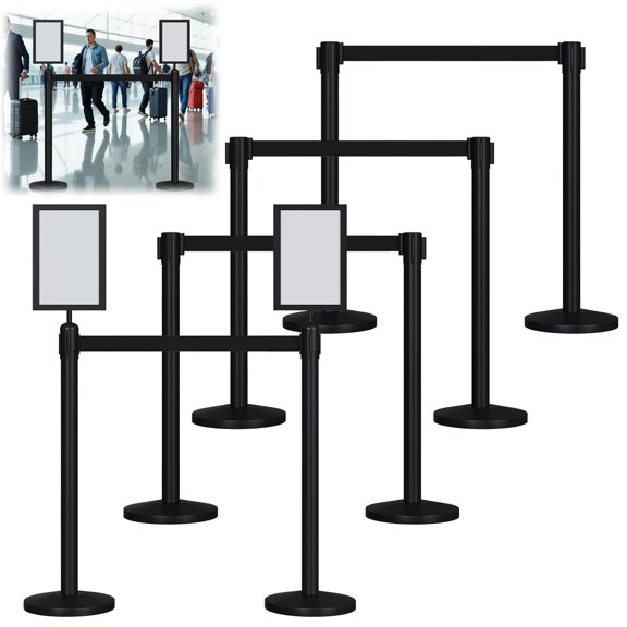 Maeklon 8 Pcs Crowd Control Stanchions Set, Stanchion Post Sign Holders with 8.2' Retractable Belt, Easy Connect Assembly Control Barrier Barriers Line for Theaters, Parties, Exhibitions, Black