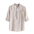 thumbnail image 1 of YanHoo Mens Linen Henley Shirts Loose Button Band Collar Stripes Shirts with Pocket, 1 of 5