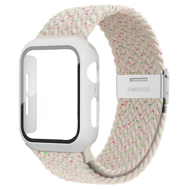 ALMNVO Braided Solo Loop Band Compatible with Apple Watch Bands with Case 45mm 44mm 42mm ,Stretch Nylon Elastic Strap with Glass Screen Protector Case for iWatch Series 7 6 SE 5 4 3 2 1