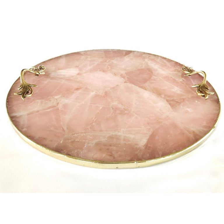 Rose Quartz Agate | Serving Tray With Brass Handles,Circular