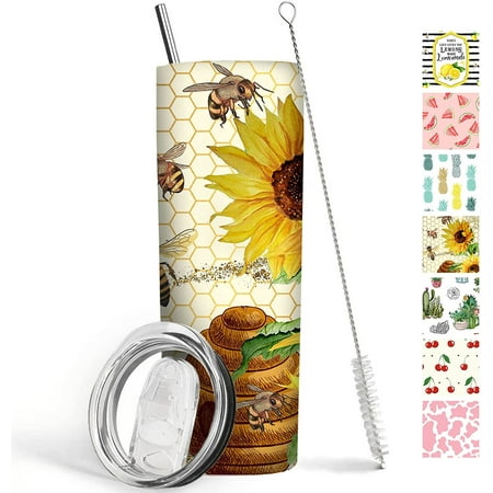 

Sunflower Bees Tumbler 20 oz Travel Coffee Mug Sunflower Print Skinny Tumblers with Lid and Straw Stainless Steel Insulated Coffee Cups Gift for Sunflower Lover
