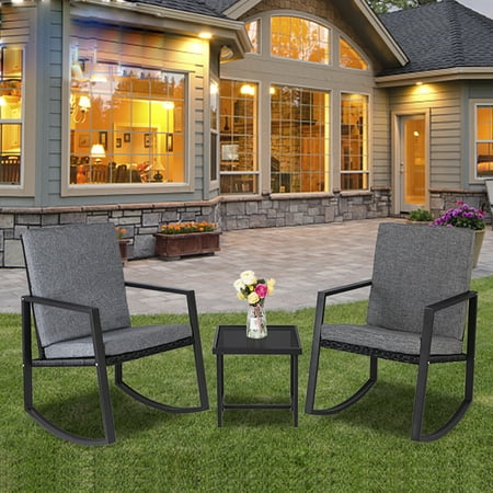 Garden Table And Chairs Rattan Effect Zimtown 3-Pieces Rocking Rattan Chairs Set Patio Furniture with Glass Coffee Table for Outdoor Garden ()