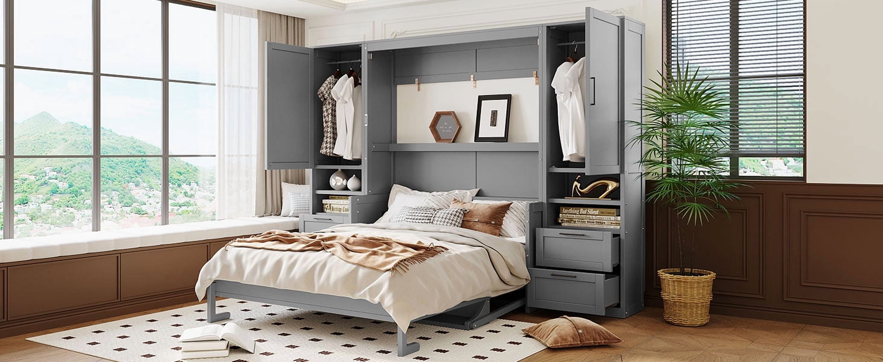 Mintazer Queen Size Murphy Bed with Side Wardrobes & 4 Drawers, Foldable Wall Cabinet Bed with Large Storage & Console Table for Guest Room Home Office Bedroom, Grey