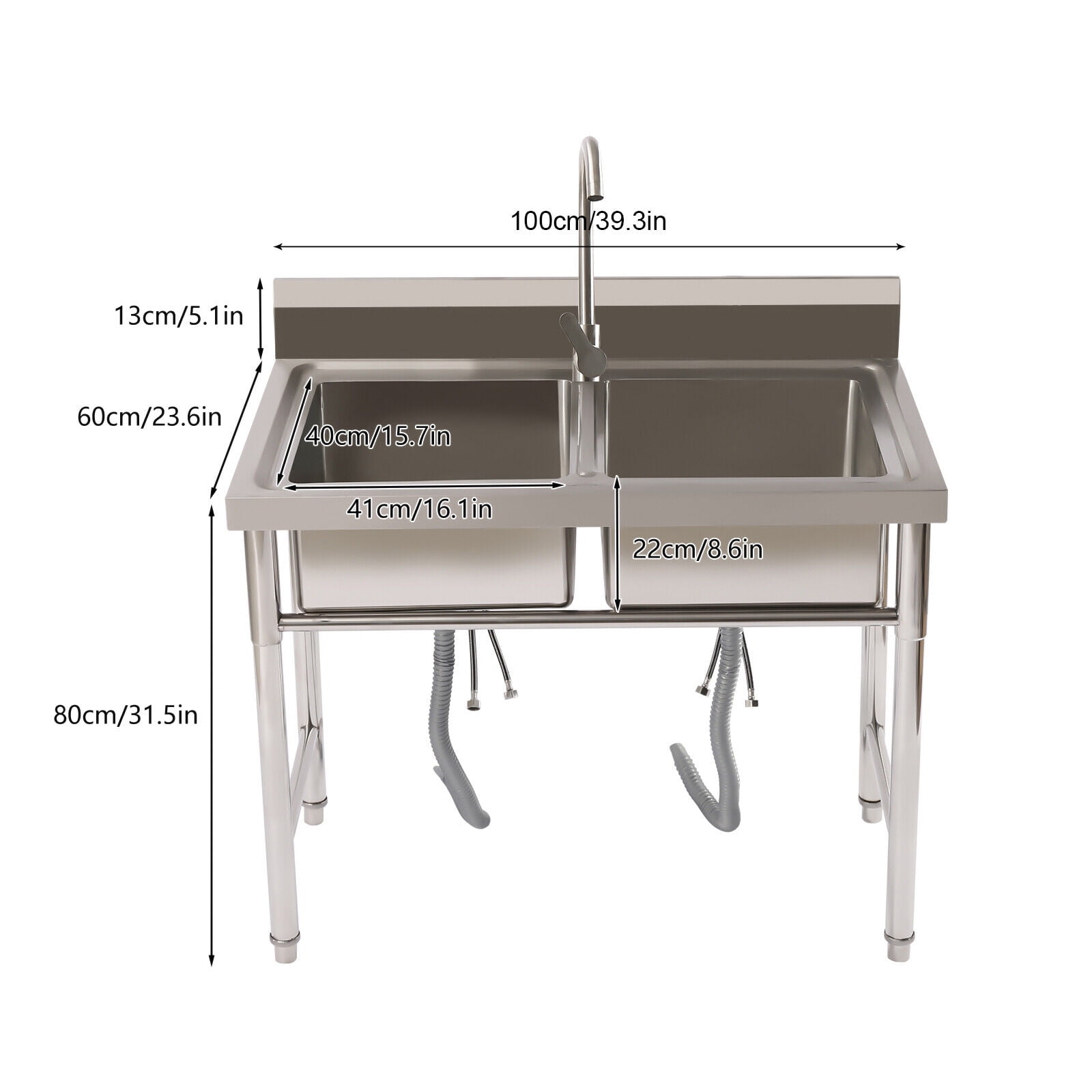 2 Sinks Commercial Restaurant Utility Kitchen Sink Double Compartment Stainless Steel