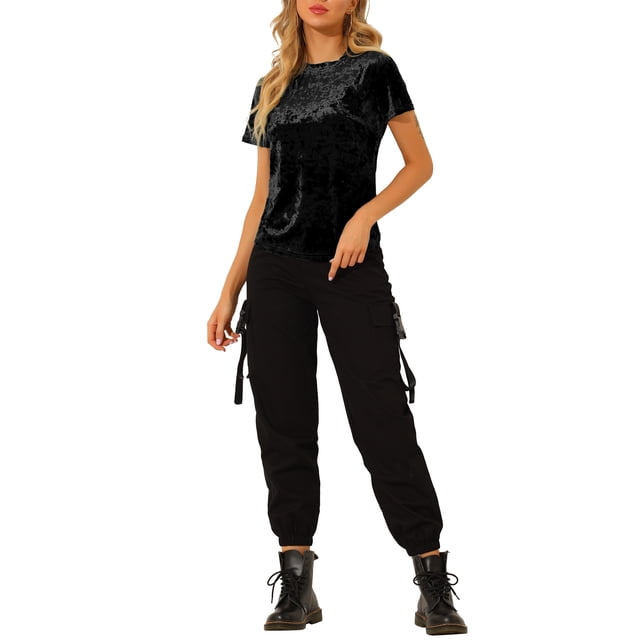 Camiseta de terciopelo de mujer Inspire Chic, cuello redondo, manga corta, casual, talla S, color negro