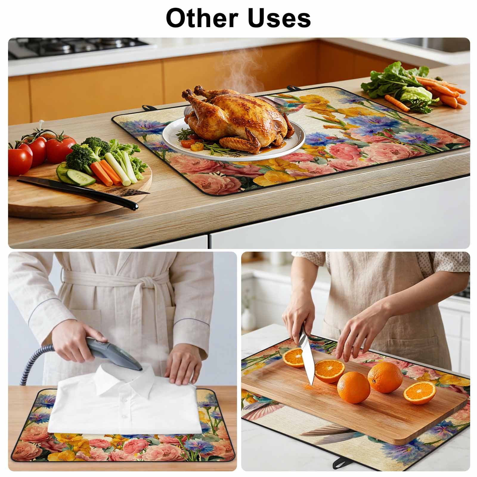 Vintage Hummingbirds Stove Top Cover for Electric Stove, Heat-proof & Non Slip Glass Top Stove Cover Protector, Spring Farmhouse Country Flowers Kitchen Flat Cooktop Rubber Mat 24x21 Inches