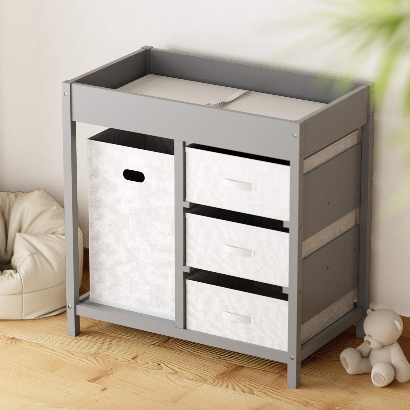 KORIMEFA Baby Changing Table with 3 Storage Drawers & Hamper , Portable Diaper Station, Space-Saving Nursery Organizer , Easy Assembly (Gray)