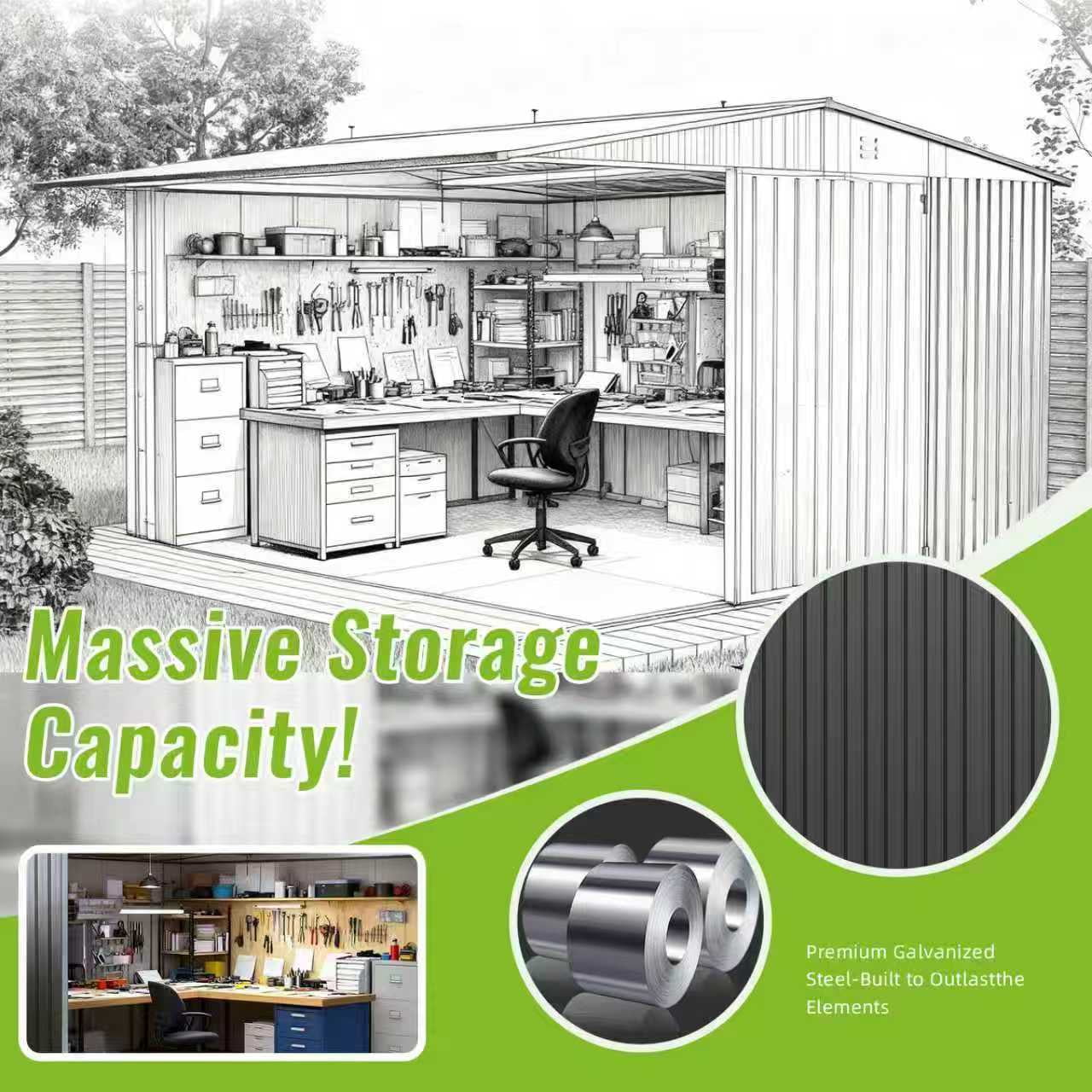 PABIMIA 14 FT x 12 FT Heavy-Duty Steel Outdoor Storage Shed, Garden Tool Shed with Lockable Doors, Black Roof