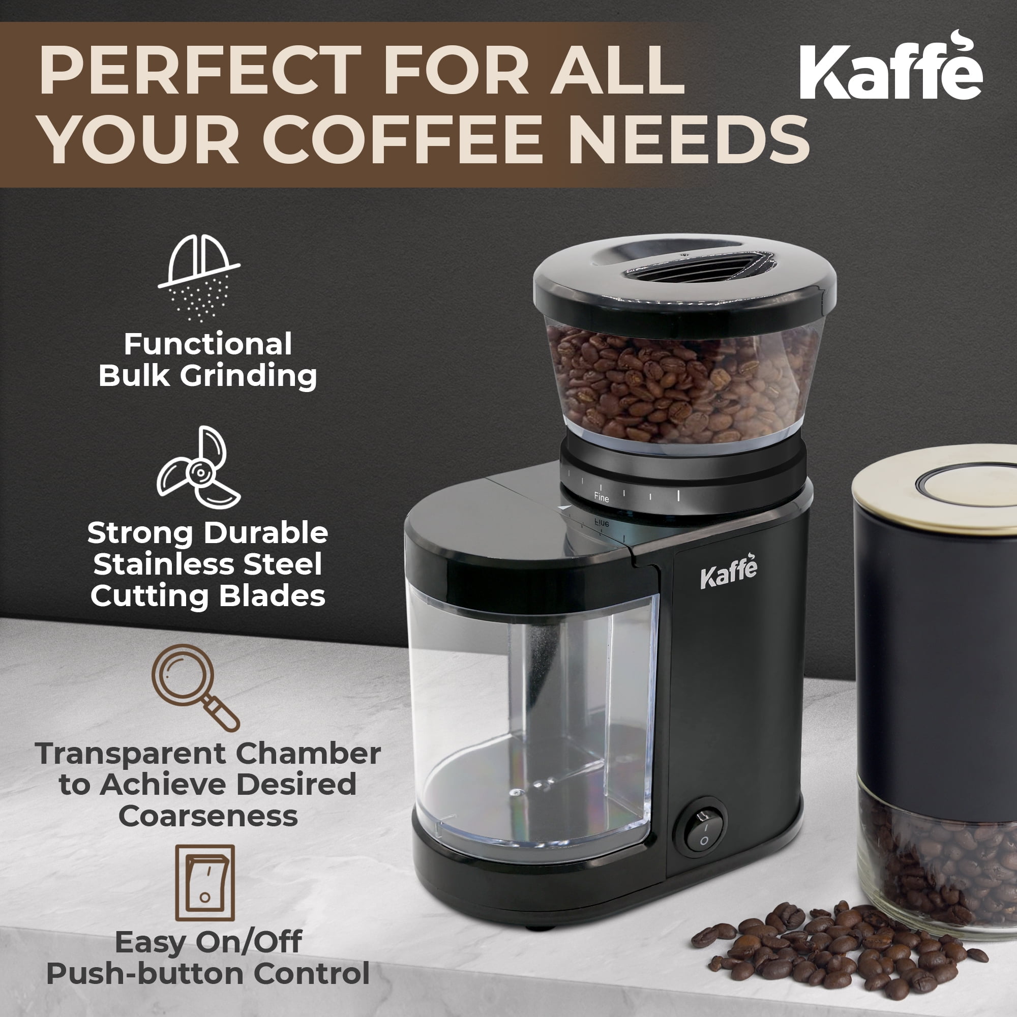 Kaffe Electric Burr Coffee Grinder (5.5oz) w/ Adjustable Coarseness Settings - Flat Burr - [New Upgraded Motor ] - Precision Coffee Bean Grinder for Home Use - Black