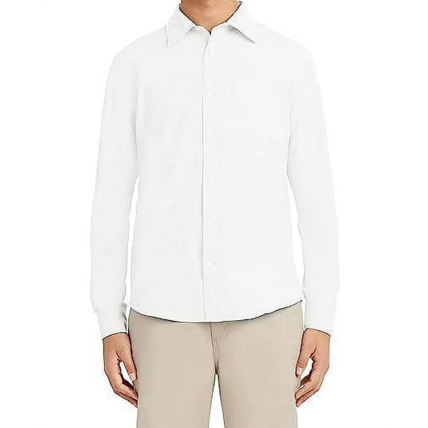 Nautica Men's Young Uniform Long Sleeve Stretch Oxford Shirt, White, 42-43  