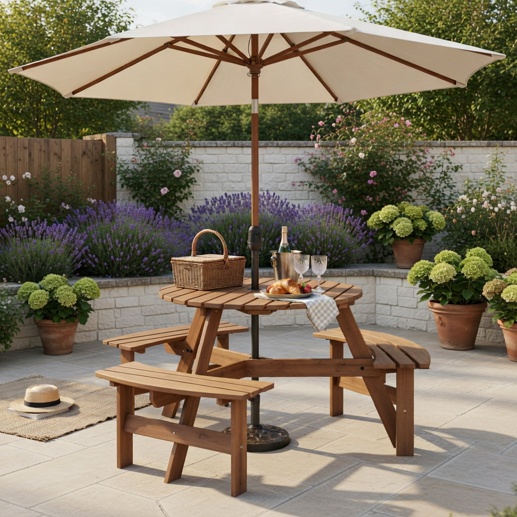 Hommoo 6-Person Round Outdoor Picnic Table Set with 3 Built-in Benches, Umbrella Hole & Weather-Resistant Fir Wood, Brown