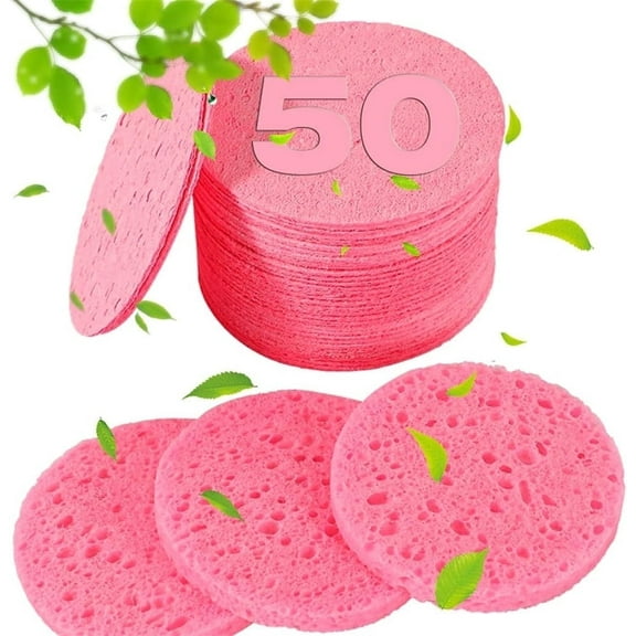 MODANU  50 Count Compressed Facial Sponges Natural Face Sponges for Cleansing Facial Cleansing Sponges Pads Exfoliating Sponges for Cleansing (Pink)