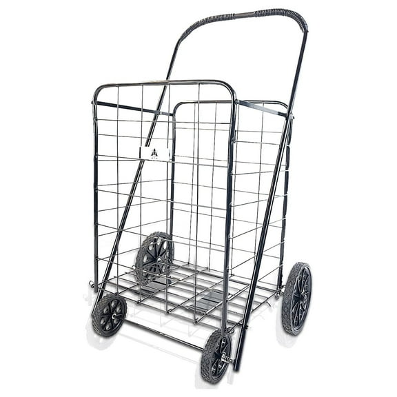 ATH Large Deluxe Rolling Utility / Shopping Cart - Stowable Folding Heavy Duty Cart with Rubber Wheels For Haul Laundry, Groceries, Toys, Sports Equipment, Black