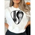 thumbnail image 1 of Camiseta informal de cuello redondo para mujer con estampado geométrico de púa de guitarra, tejido de punto de algodón, elasticidad media, comodidad para todo el año. Top de manga corta a la moda para, 1 of 6