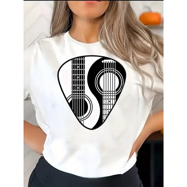 Camiseta informal de cuello redondo para mujer con estampado geométrico de púa de guitarra, tejido de punto de algodón, elasticidad media, comodidad para todo el año. Top de manga corta a la moda para