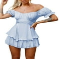 thumbnail image 2 of Women Boho Romper Off Shoulder Double Layer Ruffle Hem Chiffon Short Fairy Princess Mini Dress Jumpsuit Playsuits Black L, 2 of 8