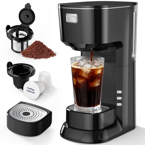 Single Serve Coffee Maker, 2 in 1 Brewer for K Pod & Ground Coffee, Rapid Brew 6 to 24oz Capacities with Anti-splas, Small Compact Design for Home Office Travel Camping-Black