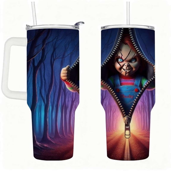 Horror Doll Zipper Design Tumbler with Handle, Stainless Steel Insulated Cup with Straw