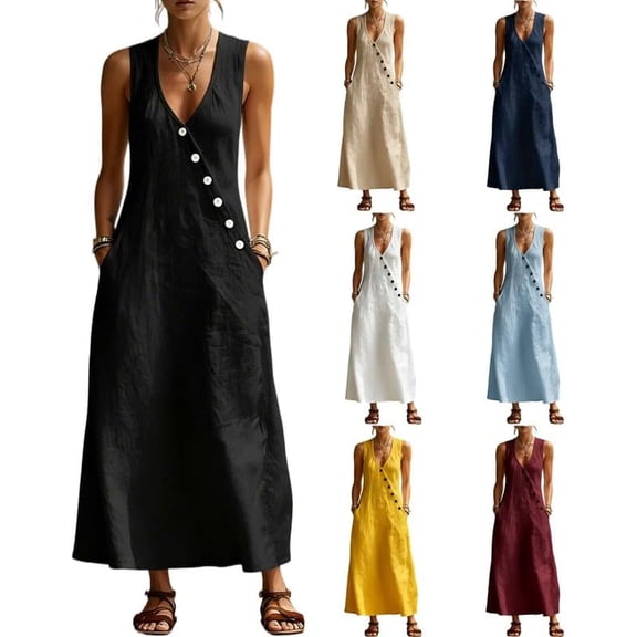 Women Cotton Linen Maxi Dress Sleeveless V Neck Summer Beach Dress Casual Loose Flowy Boho Tank Sundress