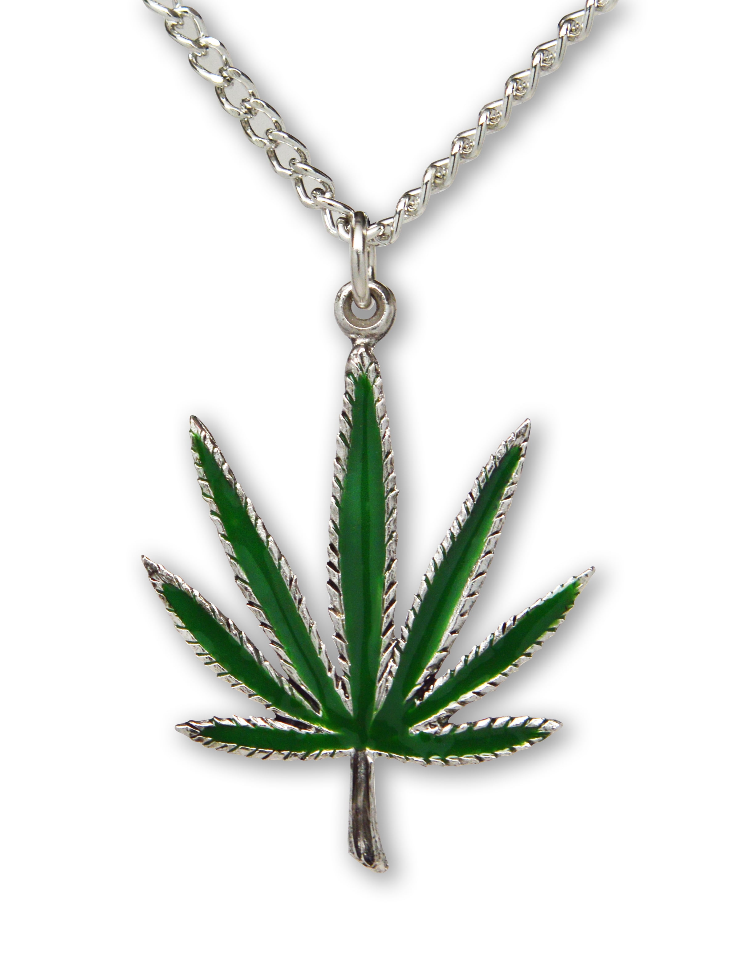 Real Metal Jewelry - Marijuana Pot Leaf Green Enamel on Silver Finish