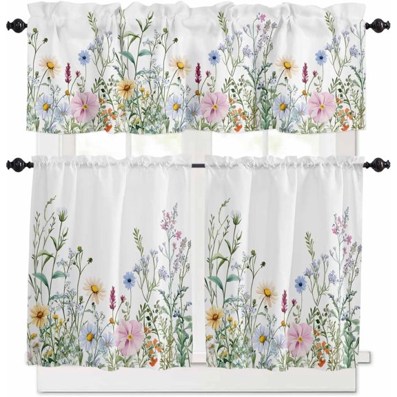 Spring Floral Kitchen Curtains Sets for Windows 24 Inch Length, Wildflowers Herbs Summer Botanical Rod Pocket Window Treatments Tier Curtains and Valances Set for Bedroom/Bathroom