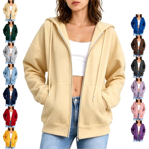 TGSLY Drawstring Hooded Sweatshirt for Women Casual Full Zip Up Long Sleeve Jacket Oversized Open Front Solid Color Cardigan Coat with Pocket XL