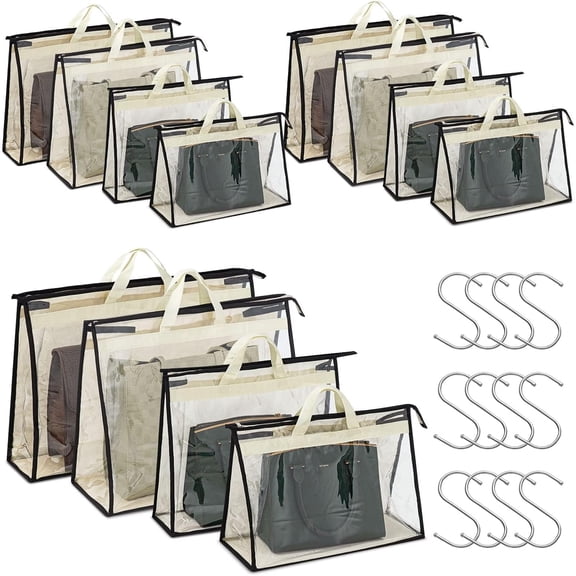 12-Pack Clear Handbag Storage Bags with S-Hooks, Breathable Dustproof Purse Organizer for Closet, 4 Assorted Sizes
