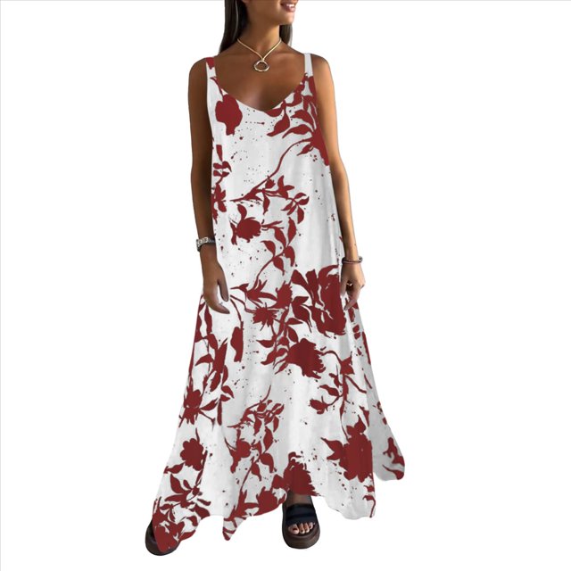 Vestido Maxi de Verano para Mujer, con Tirantes Finos, Sin Mangas, Cuello en V, Estilo Bohemio, Floral, para Vacaciones, Rojo, Talla S