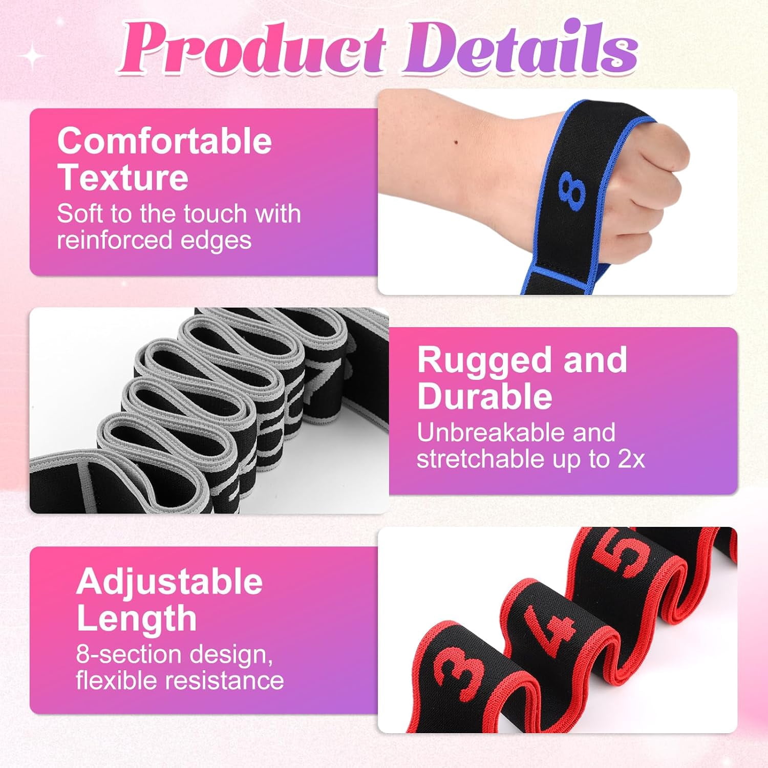 3PCS Fitness Resistance Band For Stretching And Yoga, Resistance Bands With Handles And Clear Markings, Fitness Resistance Bands 8-Section Elastic Training Bands