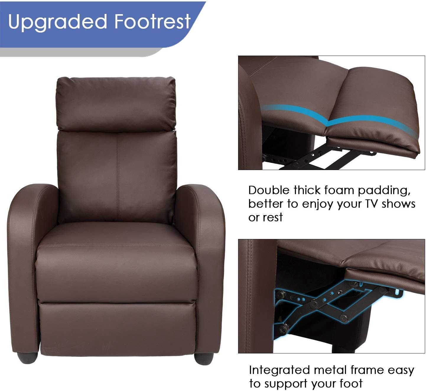 Walnew Brown PU Leather Single Sofa Recliner with Padded Seat and Backrest, Multi-Positions