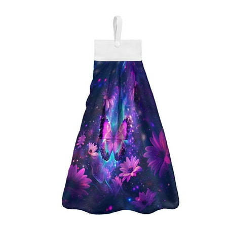 

ZIATUBLE Butterfly Galaxy Hand Drying Towels Floral Hanging Kitchen Towels with Loop Absorbent Bath Towels for Bathroom Set of 3 Fast Drying Hanging Hand Towels with Loop Hanging Dish Towels