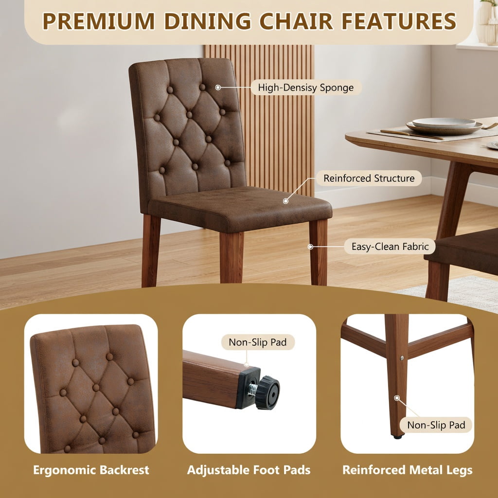 Hommoo 2-Pack Tech Fabric Dining Chairs with Ergonomic Buckle Backrest, Walnut Metal Legs, 35-inch Height, Modern Restaurant & Home Dining Seating, Brown