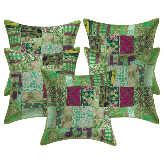 Stylo Culture Ethnic Cotton Home Decor Throw Pillow Covers Parrot Green 20 x 20 Bohemian Vintage Patchwork Ethnic Sofa Cushion Covers 50x50 cm Living Room Abstract Square Pillow Cases | Set Of 5